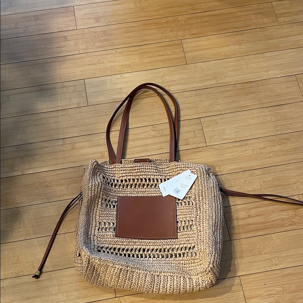 Woven Tan Tote Bag Mango W/ Leather Straps, Front Pocket Zippered lining NWT